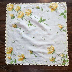 Hand Painted Handkerchief Yellow Roses Floral Square Hanky Vtg Cotton 1960s RN